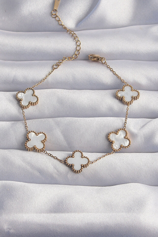 316L Steel Gold Color White Pearlescent Clover Bracelet -