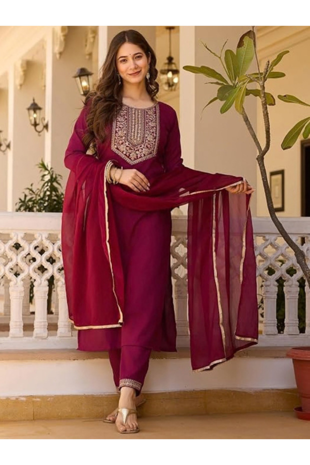 Maroon Rayon Slub Embroidered Straight Kurta Set - LRN9476 | Maroon-Size:L-40-Inches
