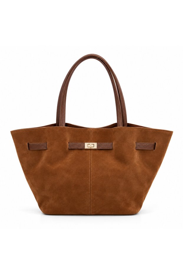 Tan Women's Genuine Suede Large Size Lockable Shoulder Bag