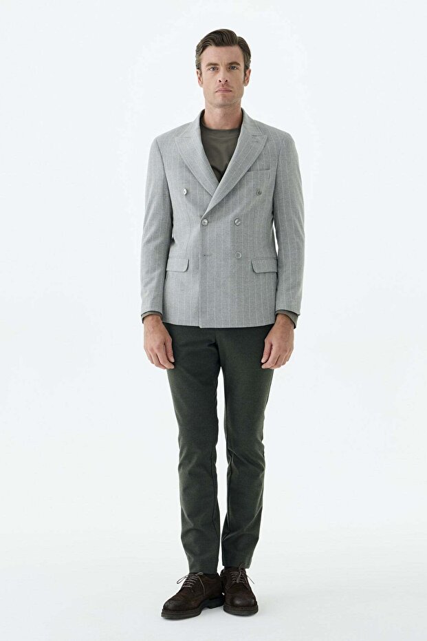 Gray Slim Fit High Collar Double Breasted Jacket
