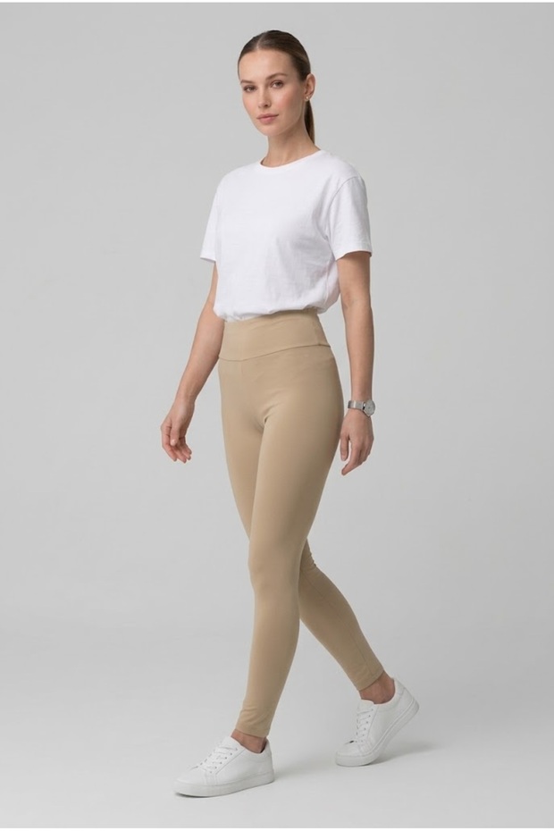 Beige High Waist Gathering Tights Flexible Fit Daily Sports Combed Cotton