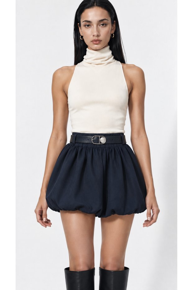 Navy Blue Balloon Skirt with Belt Detail