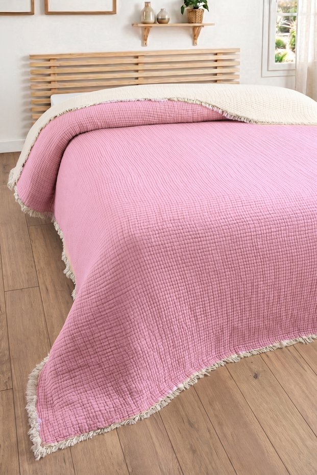 5-Layer Filled Muslin Quilt 240X260 cm - King Size Bedspread-Pink