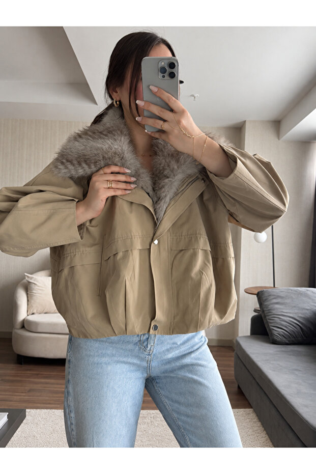 Fur Bomber Zippered Trench Coat