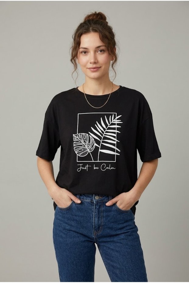 Black Leaf Print Crew Neck T-Shirt Flowy Casual Comfortable Cut Cotton Combed Cotton