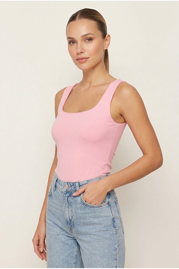 Pink Square Neck Sleeveless Undershirt Blouse Stretchy Fit Casual Summer Basic Combed Cotton