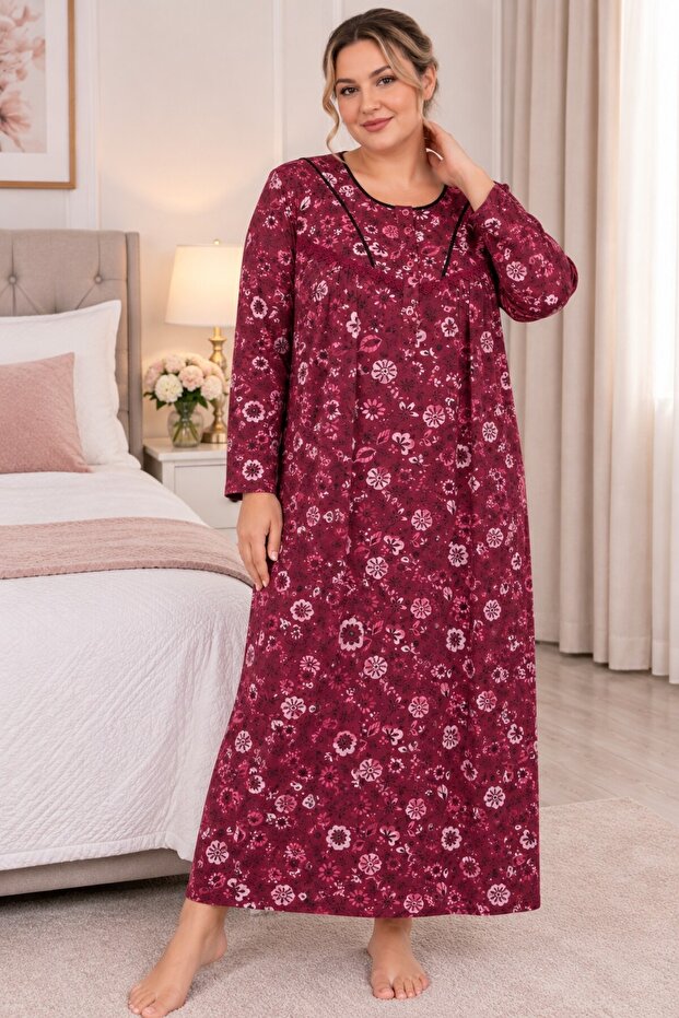 100% Cotton Long Sleeve Floral Patterned Plus Size Women's Nightgown