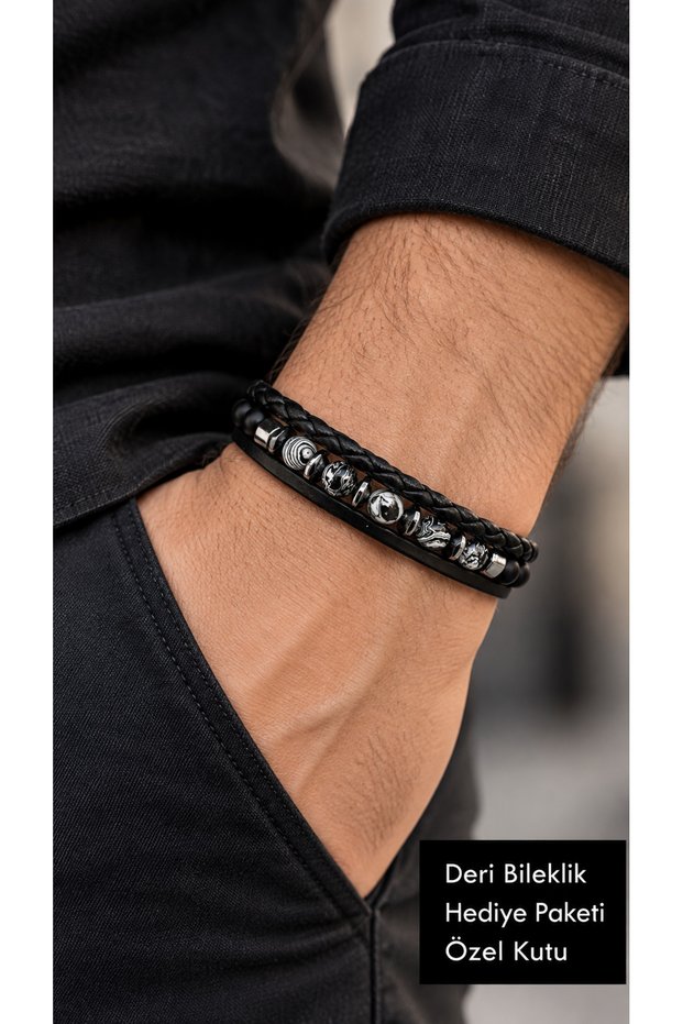Kendario Steel Tokens Black Leather Men's Bracelet - Multi-Row with Patterned Metal Beads