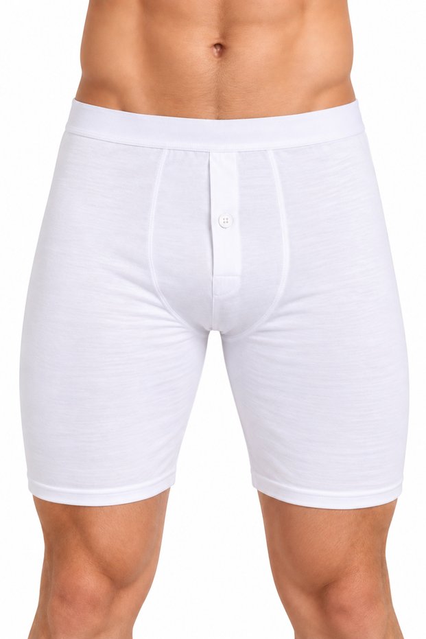 Men's Buttoned Long Leg Boxer 3-Pack 95% Cotton 5% Elastane Lycra Flexible White S-M-L