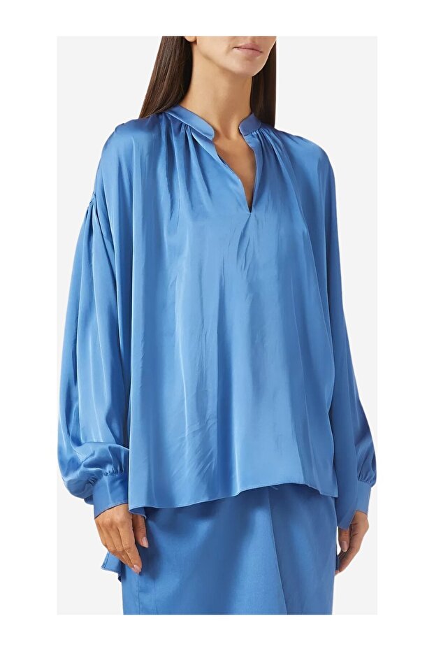 Oversize Satin Kaftan Blue Shirt