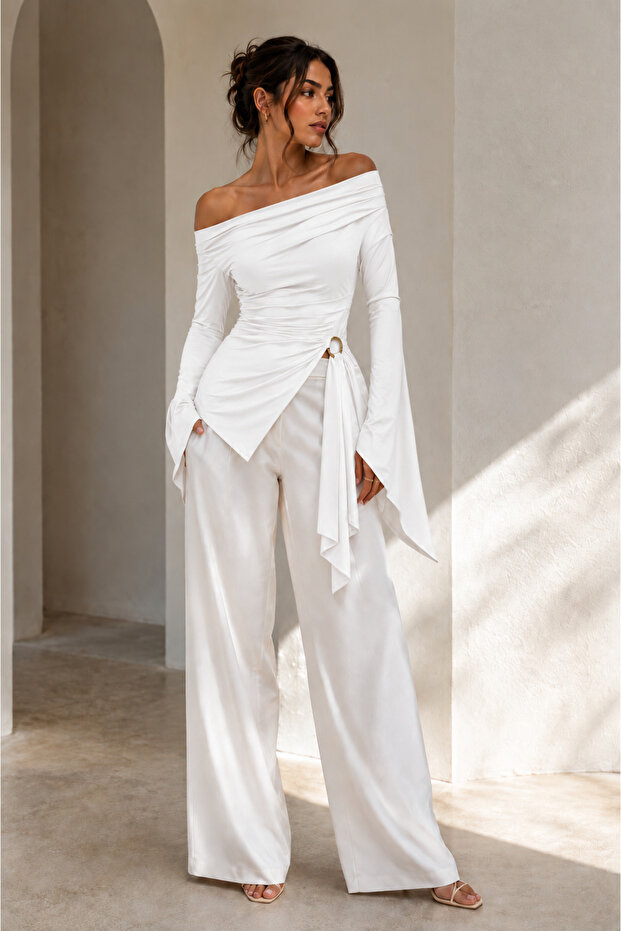Women's Madonna Collar Draped Blouse – Ring Detailed Asymmetrical Cut Spanish Sleeve Stylish Top