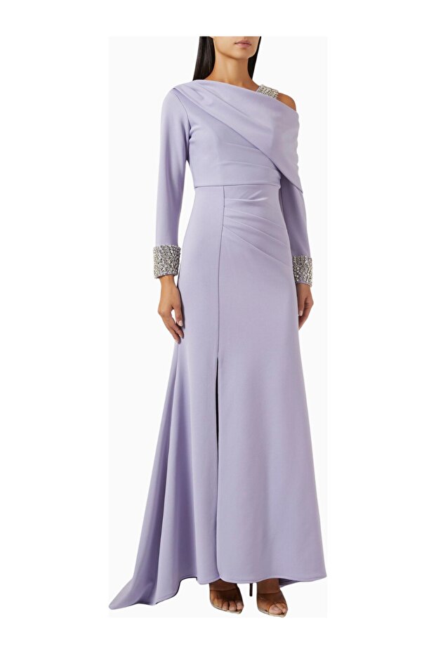 Asymmetrical Embellished Stone Embroidered Tailored Purple Couture Women's Dress