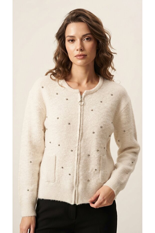 Stone Detailed Zippered Cardigan