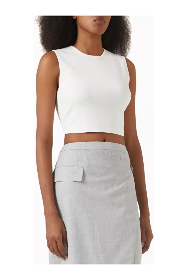 Viscose Knitwear Crop Top, Sleeveless, Body Fitting and Seasonal Basic Piece, Cream