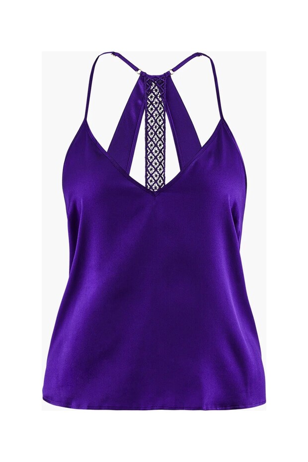 Silk Desire Thin Strap Top, V-Neck and Deep Back Cutout, Guipure Detail, Stretchable Silk Fabric