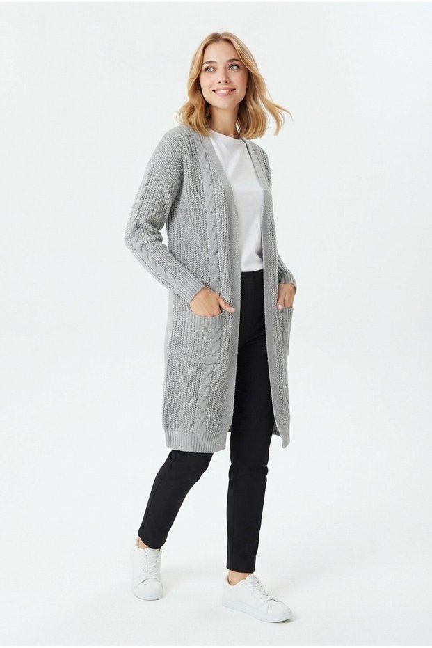 Women's Plain Pocket Detailed Open Front Buttonless Thick Knit Cardigan