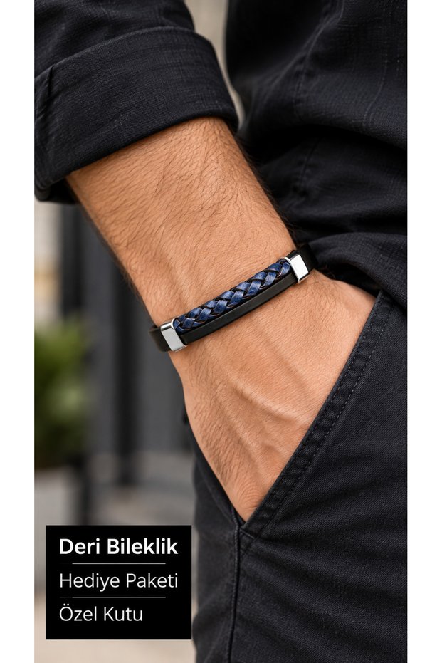 Nolario Indigo Panel Black Leather Men's Bracelet - Navy Blue Braided Wide Front Band