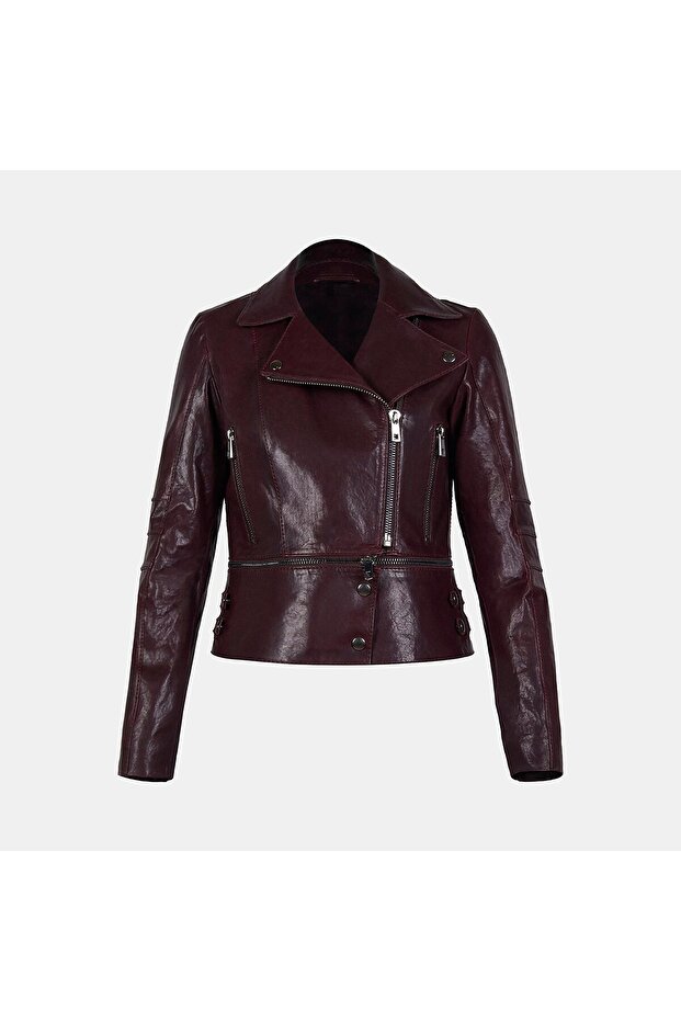 Women's Burgundy Shirt Collar Dual-Use Biker Leather Jacket