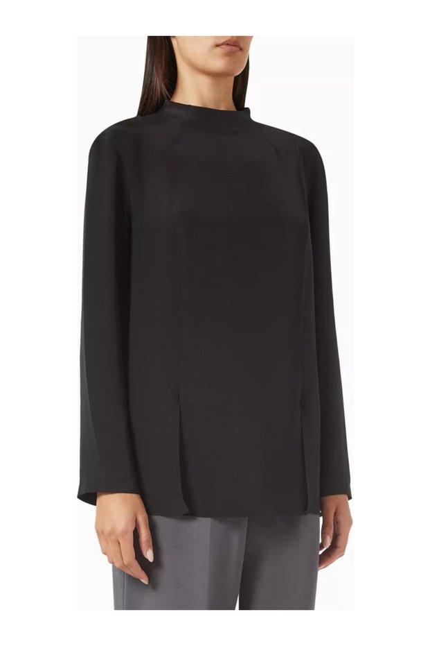 Mulberry Silk Long Sleeve Blouse with Panel Detail, Round Neckline and Elegant Design
