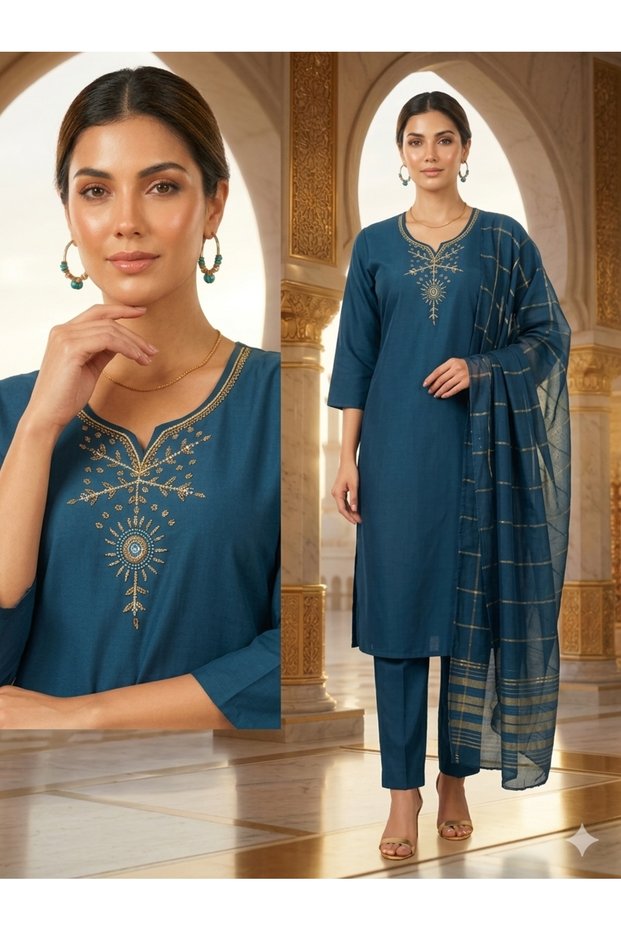 Teal Blue Roman Silk Embroidered Three-Piece Suit Set - VVB9530 | Teal Blue-Size:L-40-Inches
