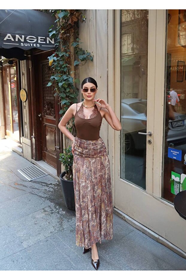 Waist Drawstring Detailed Patterned Skirt - Brown Brown