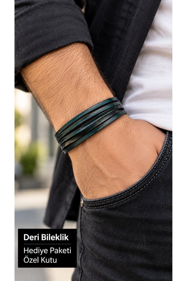 Pervasto Firline Dark Green Leather Men's Bracelet - Five-Row Flat Wrap Band