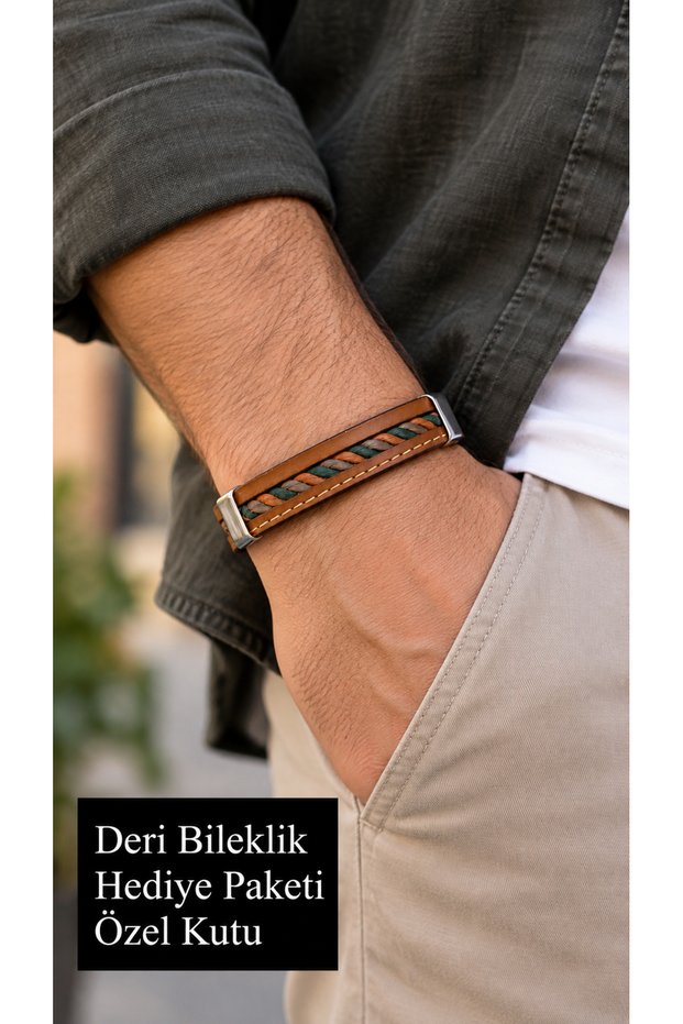 Odrento Tealstitch Caramel Leather Men's Bracelet - Green Interlocking Front Band