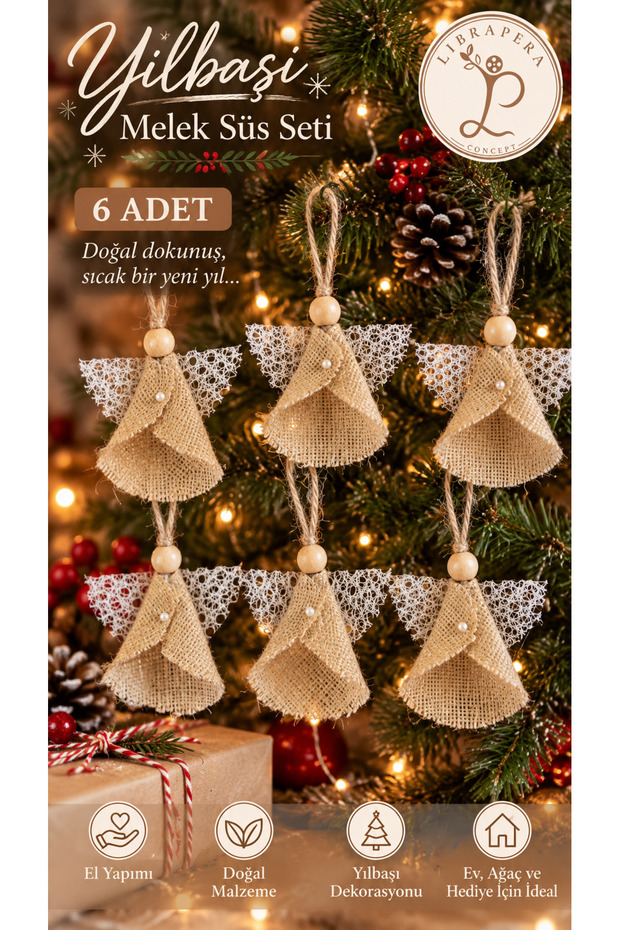 Set of 6 Handmade Jute Angel Christmas Ornaments – Pine Tree and Home Decor