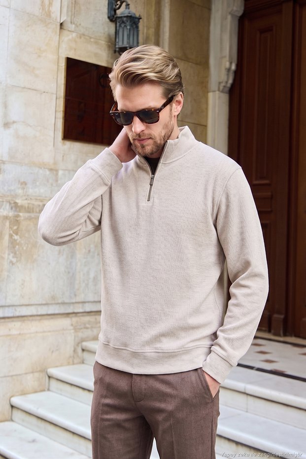 Cotton Ribbed Textured Half-Zipper Stand Collar Sweater Men's Sweater 5905858