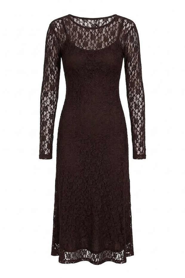 A-Line Lined Lace Dress - Bitter Brown Bitter Brown