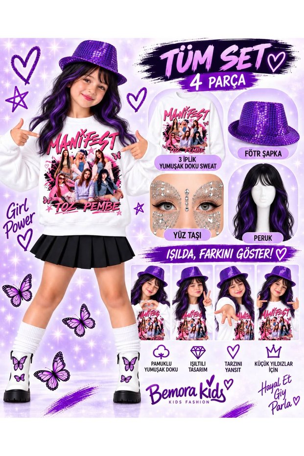 Girl's Sweatshirt with Manifest Print, 3-Thread Sweatshirt + Manifest Crescent Wig + Purple Sequined Hat + Face Stone (Print Is Washable and Resistant to Drying)