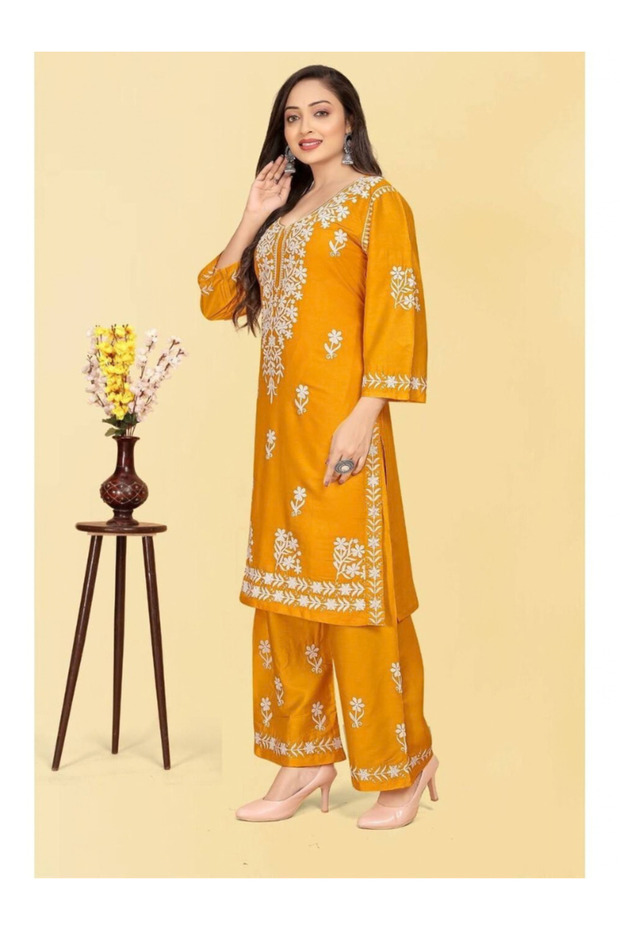 Mustard Yellow Rayon Cotton Embroidered Kurta Palazzo Set - PMM14798 | Mustard Yellow-Size:XL-42-Inches
