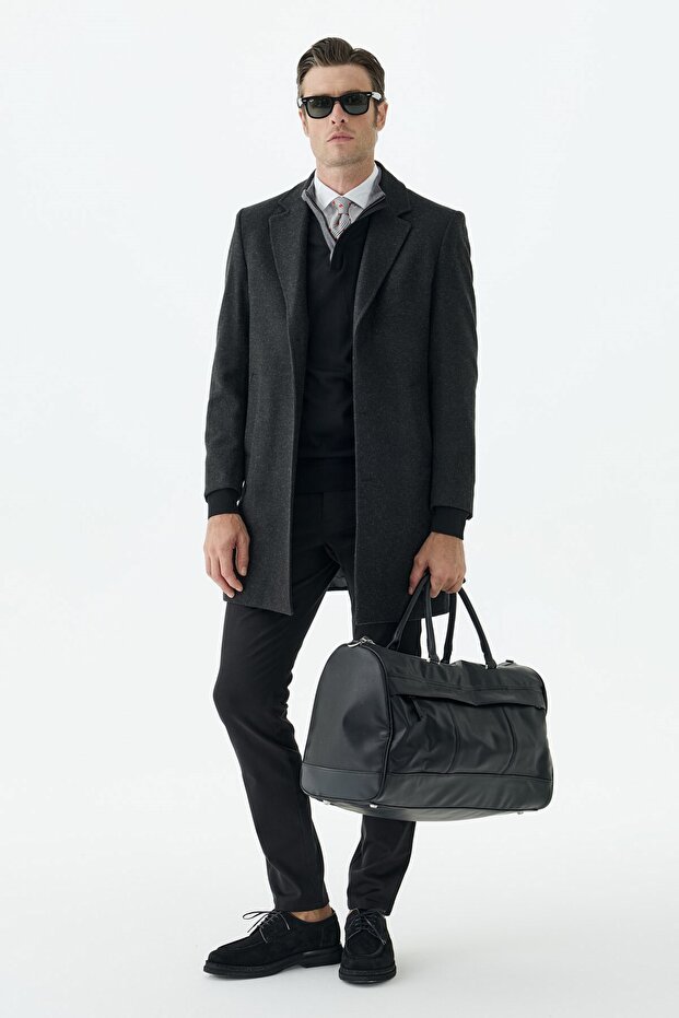 Anthracite Comfort Fit Mono Collar Woolen Coat