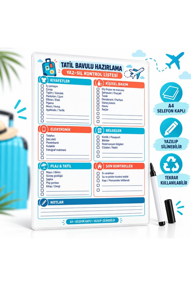 Holiday Suitcase Preparation Checklist A4 Cellophane Covered Writable and Erasable Travel Planning Chart