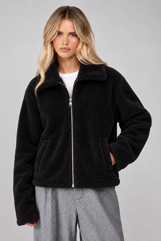 Women's Oversize Plush Coat with Zipper Pockets, Soft Textured Teddy Jacket