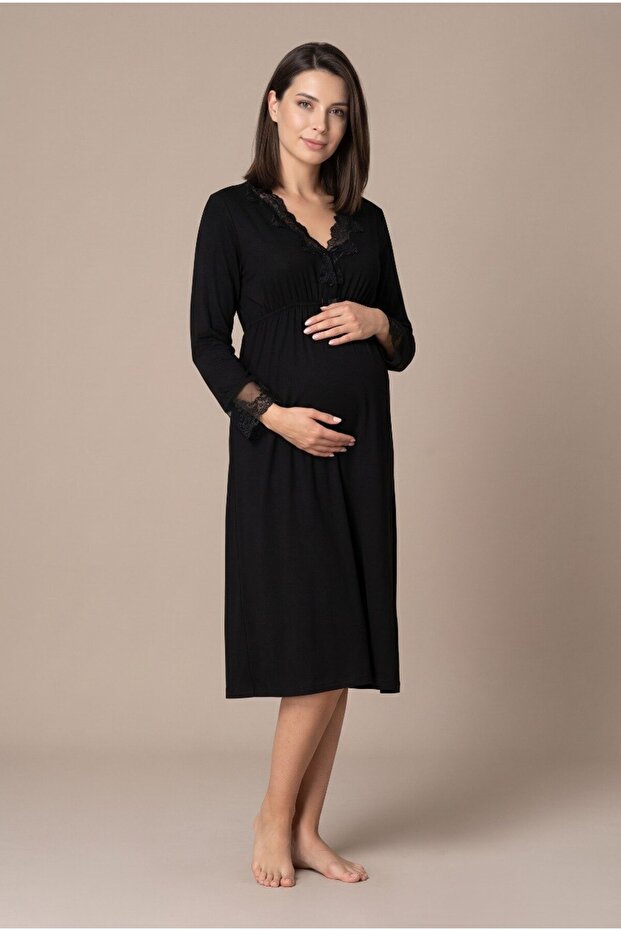 Women's Black Lace Long Sleeve Maternity Nightgown Set for Easy Breastfeeding