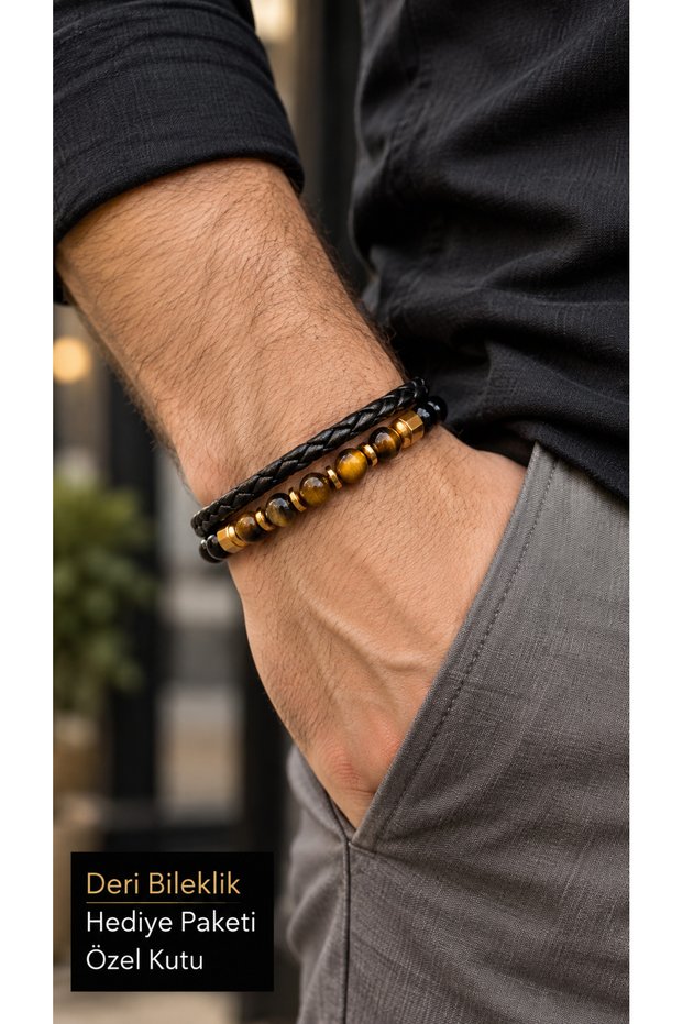 Tamberis Tigergrain Black Leather Men's Bracelet - Brown Beads and Weave