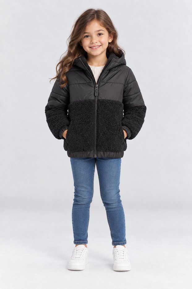 Girl's Hooded Plush Detailed Inflatable Coat with Zipper, Warm Winter Jacket Ak4291