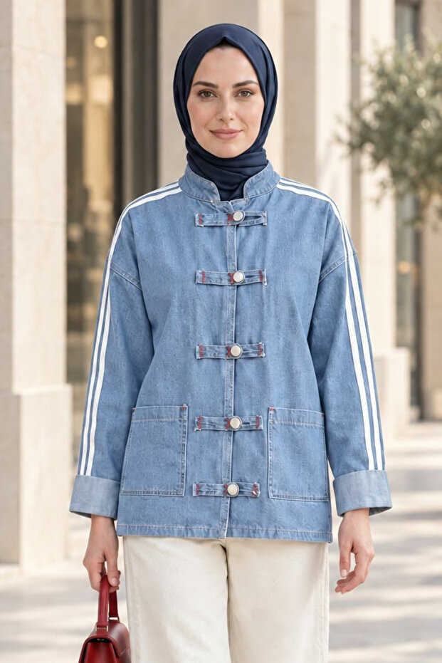 Women's Striped Detailed Buttoned Pocket Denim Blue Jacket