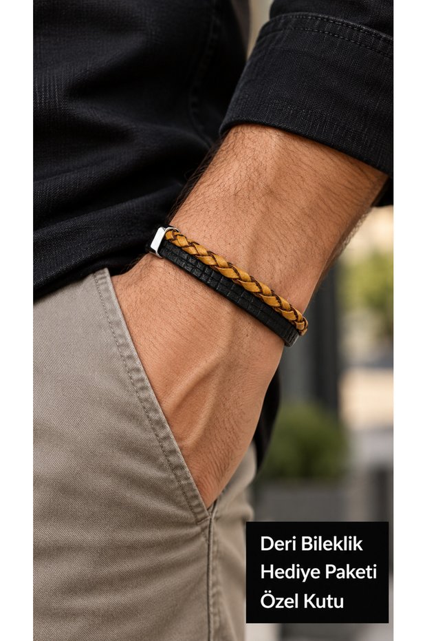 Cadellis Honeyplait Black Leather Men's Bracelet - Honey Color Braided Front Panel