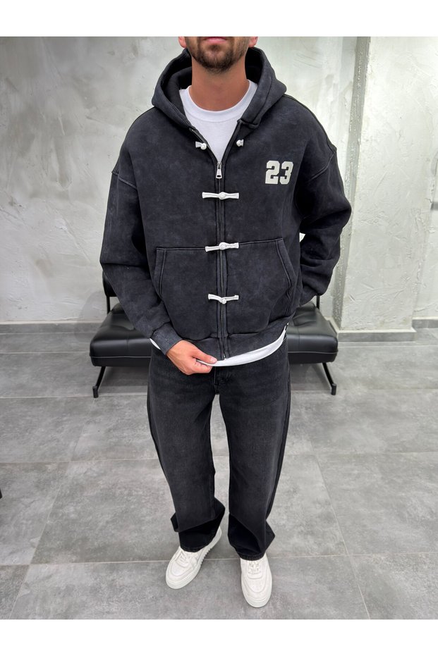 Fancy Buttoned Washable Zippered Black Sweatshirt