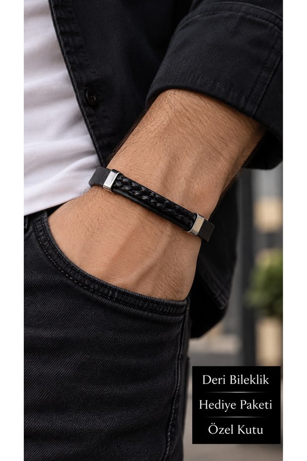 Zeradin Nightlace Black Leather Men's Bracelet - Single Row Weave and Silver Tone Lock