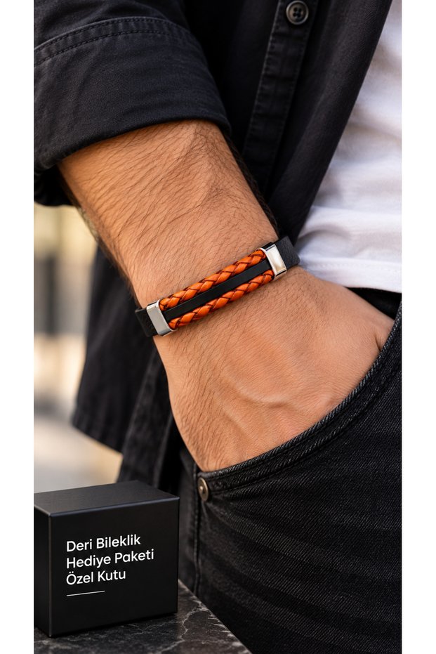 Tavrisel Emberline Orange Black Leather Men's Bracelet - Double Braided Detail