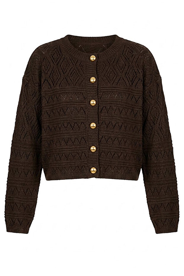 Gold Button Openwork Pattern Cardigan Bitter Brown