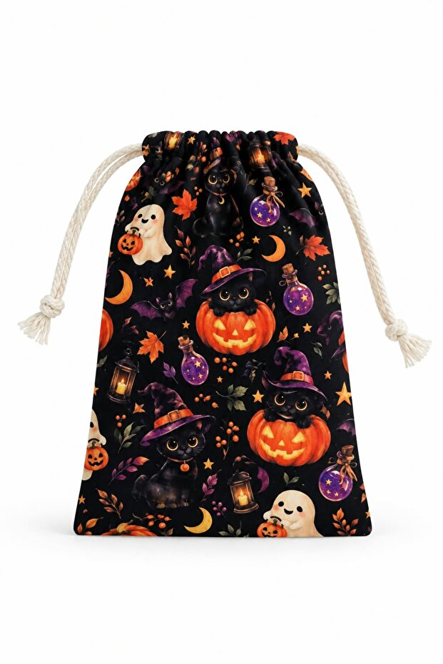 Halloween Themed Drawstring Pouch 12X20 cm - Gift Pouch with Pumpkin and Black Cat