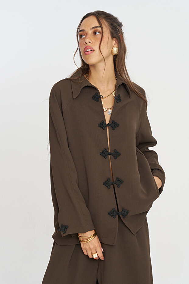 Women's Chinese Button Detailed Solid Color Loose Shirt
