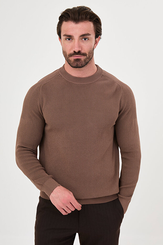 Ribbed Slim Fit High Crew Neck Cotton Men's Knitwear Sweater Milky Coffee - 11601.26K