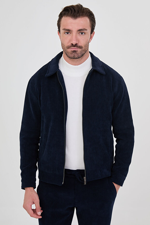 Ribbed Slim Fit Shirt with Collar and Zipper Velvet Men's Coat Navy Blue - 39700.26K