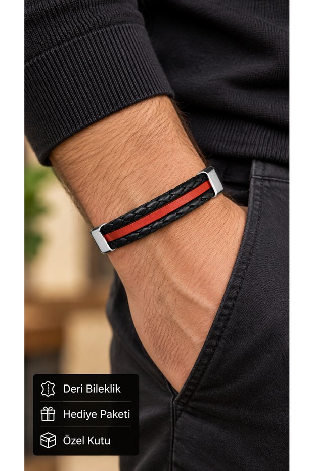 Korvello Emberstripe Black Leather Men's Bracelet - Double Black Braid with Red Thin Stripes