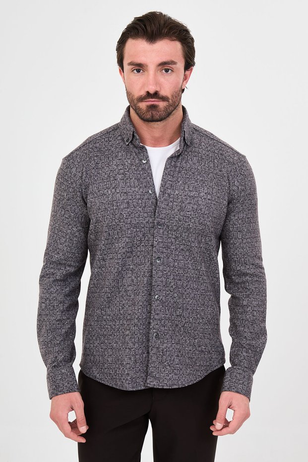 Checkered Slim Fit High Collar Lumberjack Long Sleeve Men's Shirt Black - 27158.26K